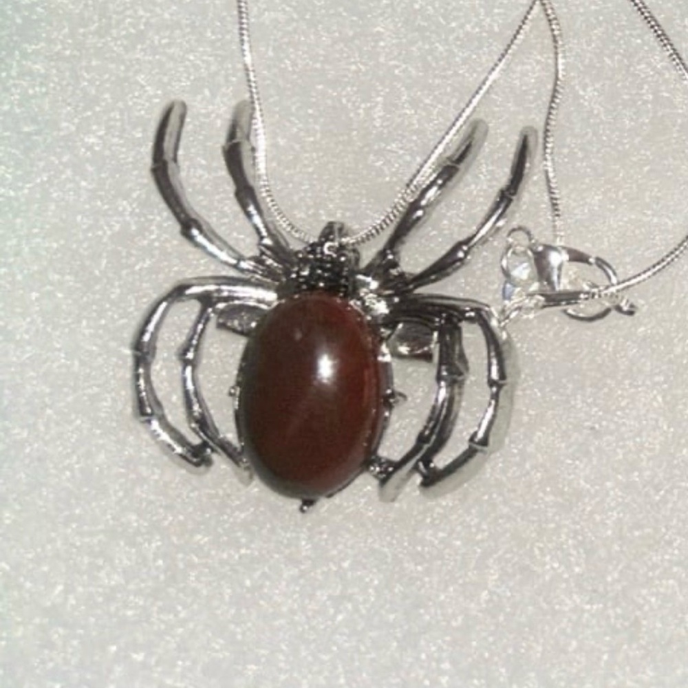 Gothic Red Jasper Spider 24” Sterling Silver Necklace